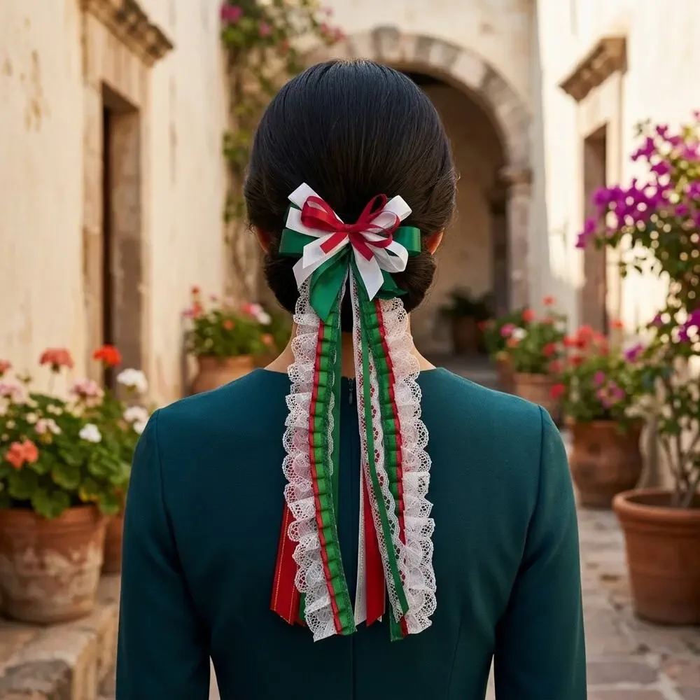 Mexican hair clip tri color lace and ribbon red green and white
